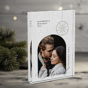 1st Christmas Married Snowflakes Boho Modern Gift Photo Block