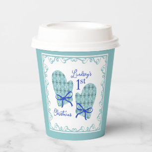 1st Christmas Mittens Blue Bow Holiday Paper Cups
