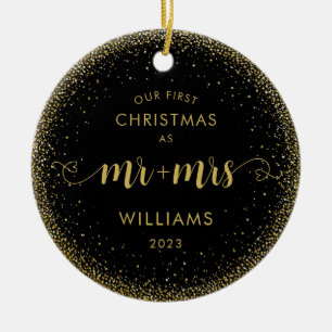 1st Christmas Mr and Mrs Gold Glitter Wreath Photo Ceramic Tree Decoration