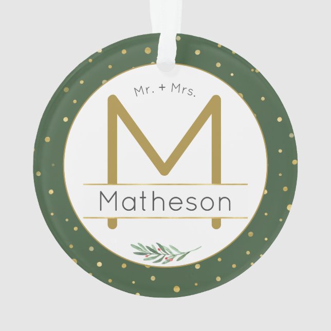 1st Christmas Mr. + Mrs. Gold Monogram Typography Ornament (Back)