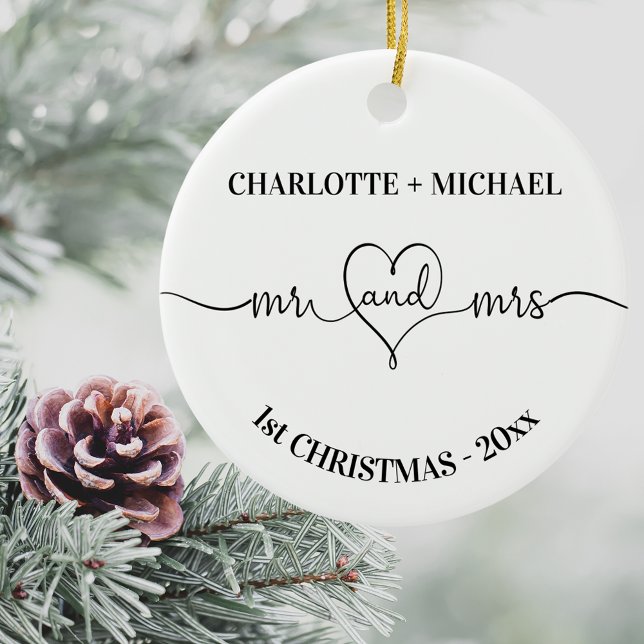 1st Christmas newlyweds names heart white Ceramic Tree Decoration (Creator Uploaded)