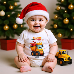 1st Christmas, own text, Dump Truck of Joy Baby Bodysuit