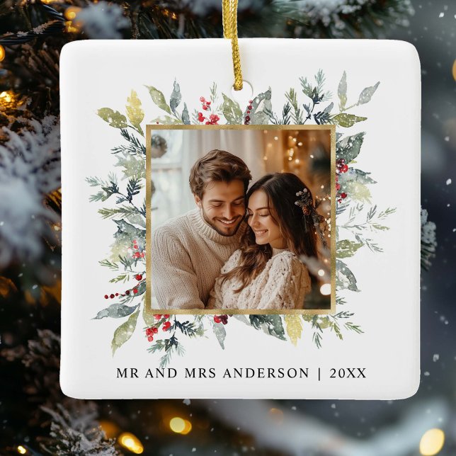1st Christmas Photo Tis the Season to Be Married Ceramic Ornament (Creator Uploaded)