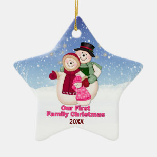 1st Christmas pink Frosty Snowman Family Ceramic Tree Decoration