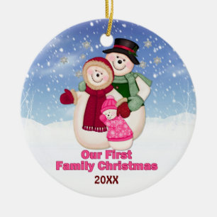 1st Christmas pink Frosty Snowman Family Ceramic Tree Decoration