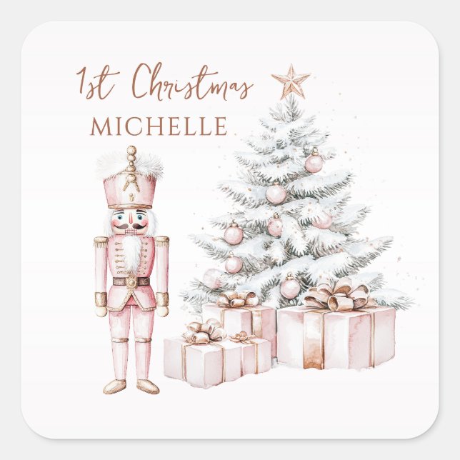 1st Christmas Pink Nutcracker Snowy Tree Square Sticker (Front)
