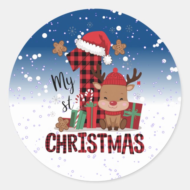 1st Christmas Santa Hat White Snow Baby Reindeer Classic Round Sticker (Front)