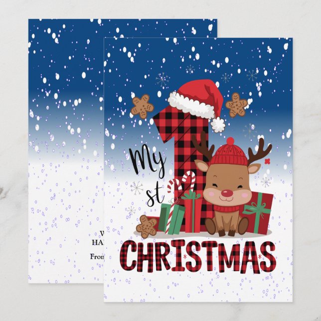 1st Christmas Santa Hat White Snow Baby Reindeer Holiday Card (Front/Back)