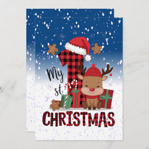 1st Christmas Santa Hat White Snow Baby Reindeer Holiday Card