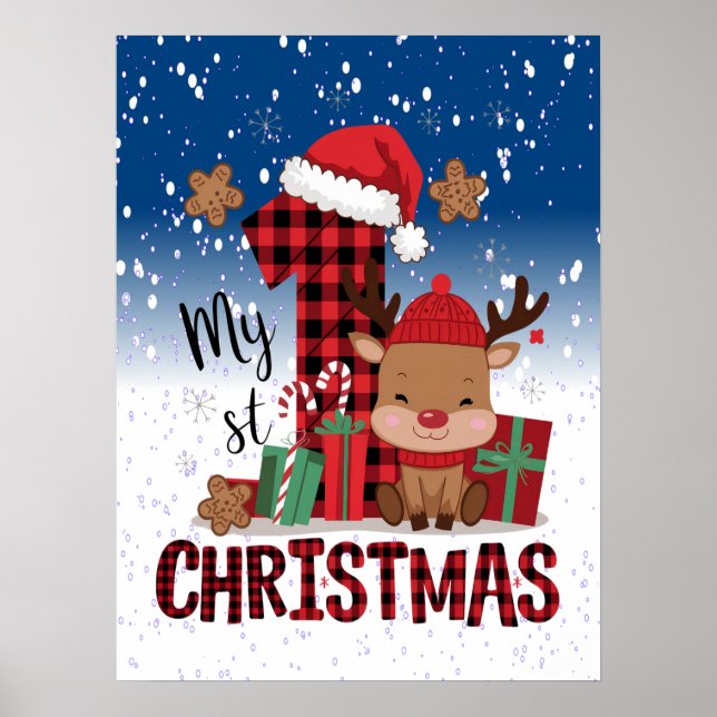 1st Christmas Santa Hat White Snow Baby Reindeer Poster (Front)
