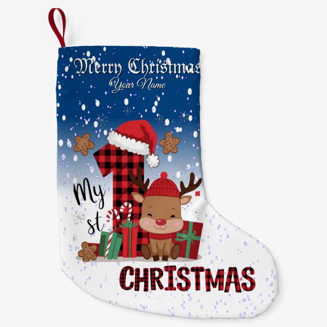 1st Christmas Santa Hat White Snow Baby Reindeer Small Christmas Stocking (Front)