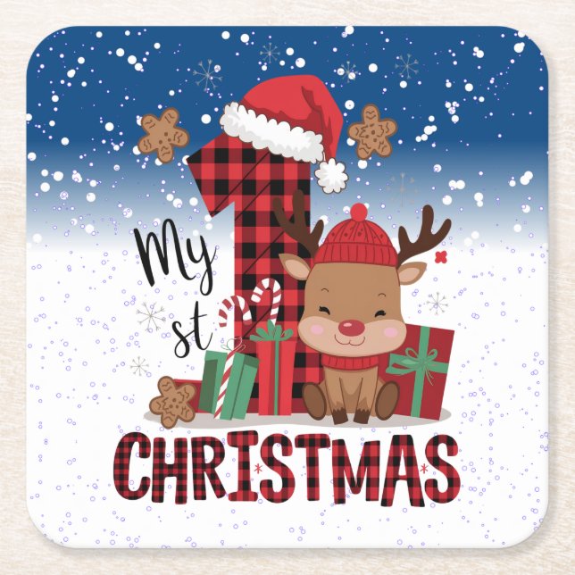 1st Christmas Santa Hat White Snow Baby Reindeer Square Paper Coaster (Front)