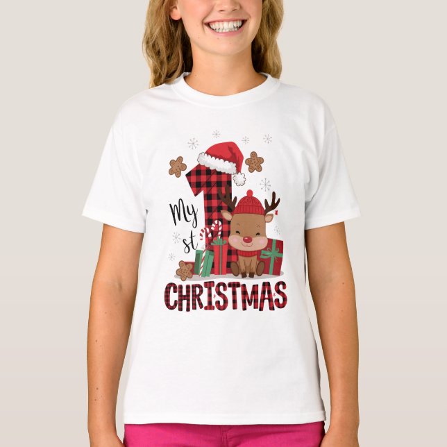 1st Christmas Santa Hat White Snow Baby Reindeer T-Shirt (Front)