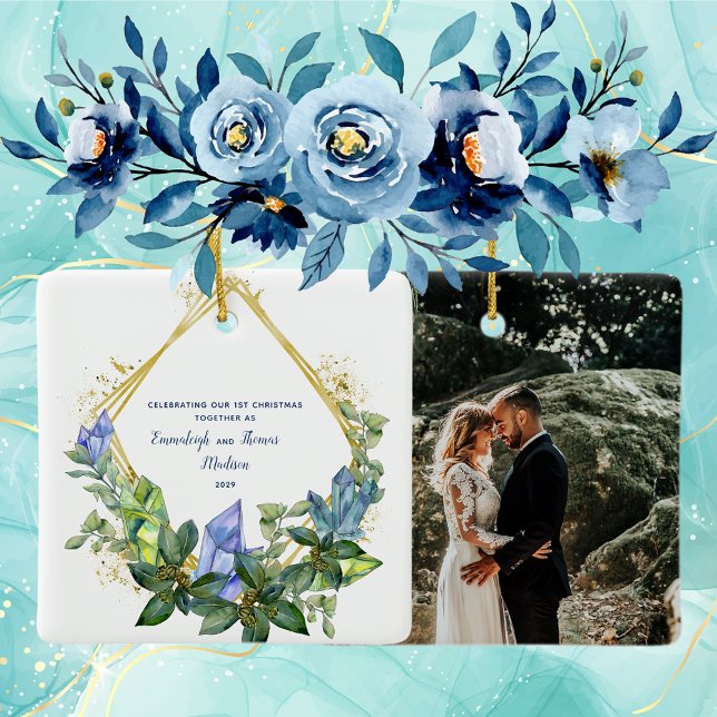 1st Christmas Simple Greenery Crystal Photo Ceramic Ornament (Creator Uploaded)