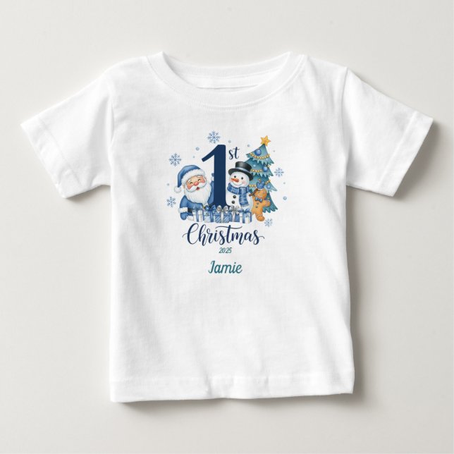 1st Christmas t-shirt Blue Personalise (Front)