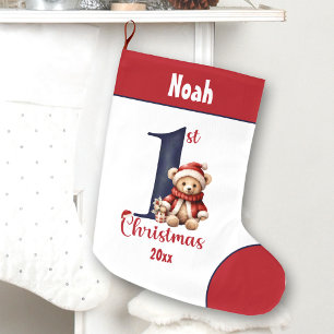 1st Christmas Teddy Bear Baby Boy Navy Red Name Large Christmas Stocking