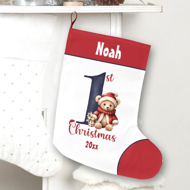 1st Christmas Teddy Bear Baby Boy Navy Red Name Large Christmas Stocking (1st Christmas Teddy Bear Baby Boy Navy Red Name Large Christmas Stocking)