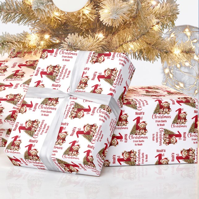 1st Christmas Teddy Bear Name Text Christmas Tree Wrapping Paper (1st Christmas Teddy Bear Name Text Christmas Tree Wrapping Paper)