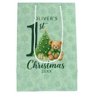 1st Christmas Teddy Bear with Green Tree Medium Gift Bag