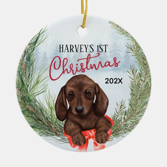 1st Christmas Wreath Chocolate Brown Dachshund Pup Ceramic Tree Decoration (Front)