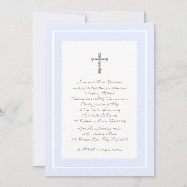 1st Communion Soft blue and Brown Invitation (Front)