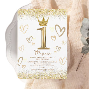 1st Crown Golden glitter First Birthday Party Invitation