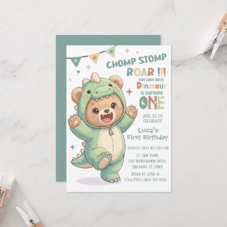 1st Dino Birthday Party | Cute Teddy Bear Dinosaur Invitation
