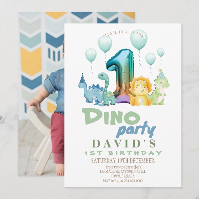 1st Dino Birthday Party  Invitation (Front/Back)
