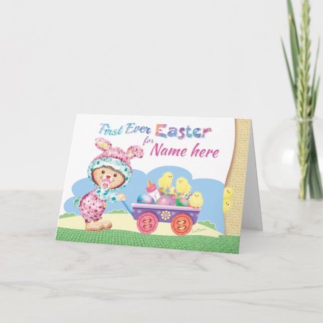 1st Easter, Baby Girl, Wooly Bunny with Eggs Holiday Card (Front)