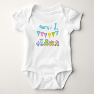 1st Easter Bunny And Train Blue Baby Bodysuit