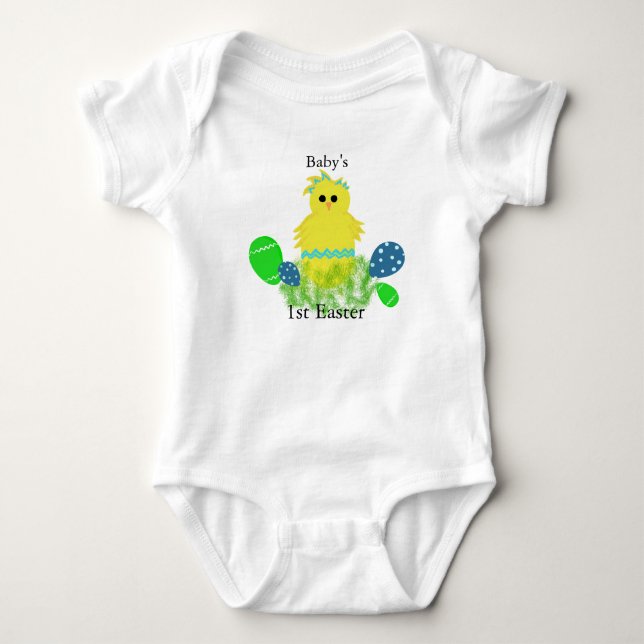 1st Easter Yellow Blue Baby Chick Egg Bodysuit (Front)