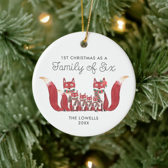 1st Family of Six Personalised Cute Woodland Foxes Ceramic Tree Decoration (Tree)