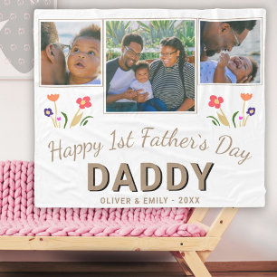 1st Father`s Day Daddy Keepsake 3 Photo Fleece Blanket
