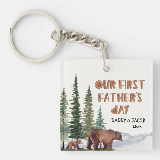 1st Father's Day Bear Personalised Woodland Key Ring (Front)