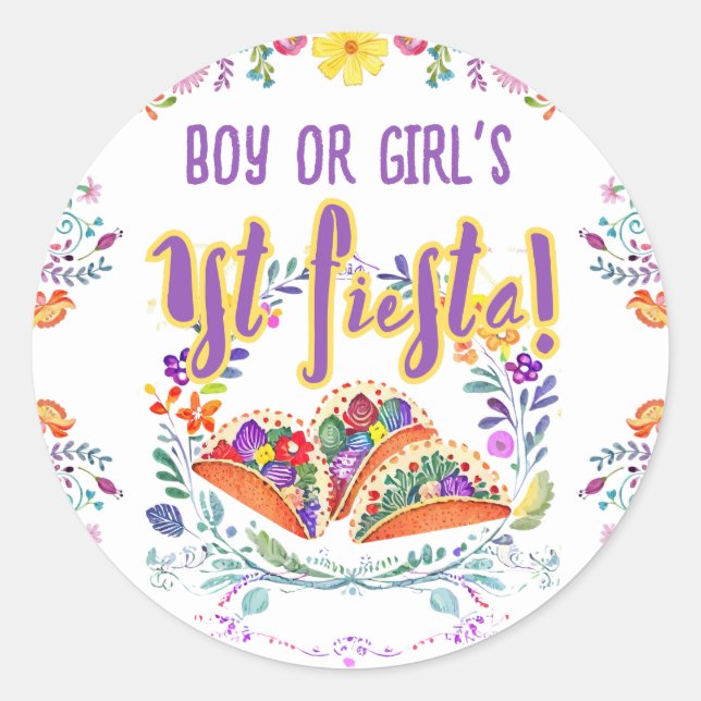 1st Fiesta Birthday Boy Girl Folkart Floral Favour Classic Round Sticker (Front)