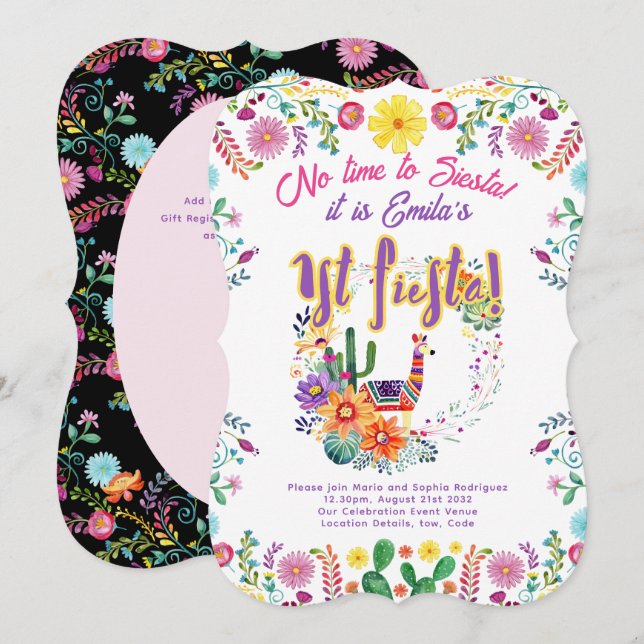 1st Fiesta Birthday For a Girl Folkart Floral 5x7 Invitation (Front/Back)