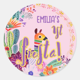 1st Fiesta Birthday For Girl Folkart Floral Favour Classic Round Sticker