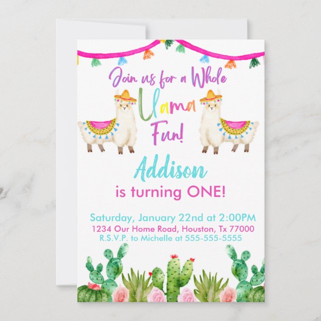 1st Fiesta Whole Llama Fun Birthday Invitation  (Front)