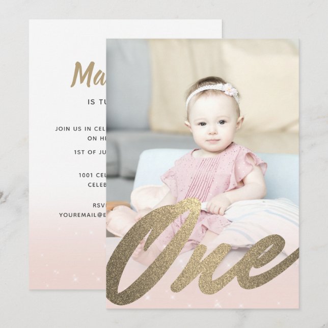 1st First Birthday Blush Pink Gold Girls Photo Invitation (Front/Back)