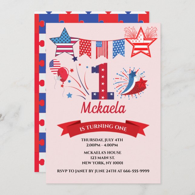 1st First Birthday Boy Girl 4th July Fourth Invitation (Front/Back)