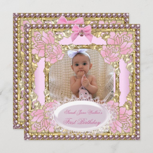 1st First Birthday Girl Pink White Gold Photo Invitation (Front/Back)