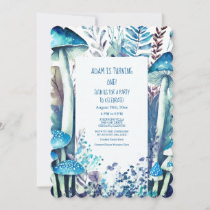 1st First Birthday Party Blue White Mushroom Woods Invitation