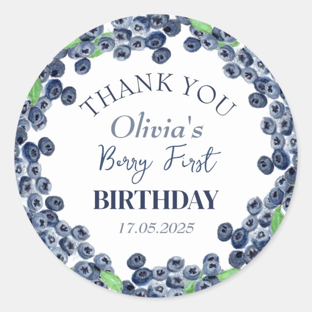 1st First Birthday Party Blueberry Baby Girl Classic Round Sticker (Front)
