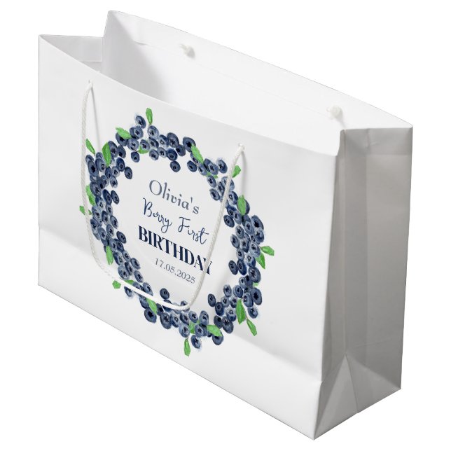 1st First Birthday Party Blueberry Baby Girl Large Gift Bag (Front Angled)