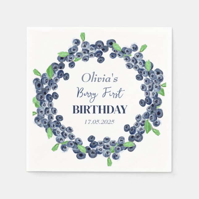 1st First Birthday Party Blueberry Baby Girl Napkin (Front)