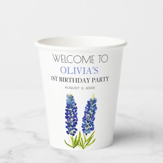 1st First Birthday Party Bluebonnets Baby Girl Paper Cups (Front)