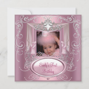 1st First Birthday Party Girl Pink Silver Star Invitation