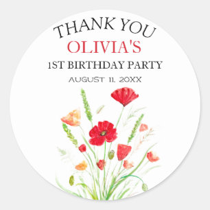 1st First Birthday Party Poppies Baby Girl Classic Round Sticker