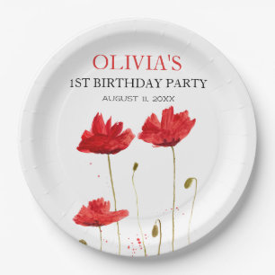 1st First Birthday Party Poppies Baby Girl Paper Plate