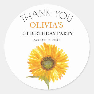 1st First Birthday Party Sunflower Baby Girl Classic Round Sticker